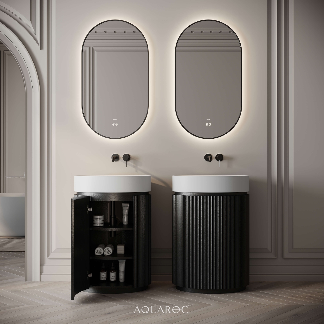 Rotunda Fluted Vanity Unit & Stone Basin 600mm Black Oak
