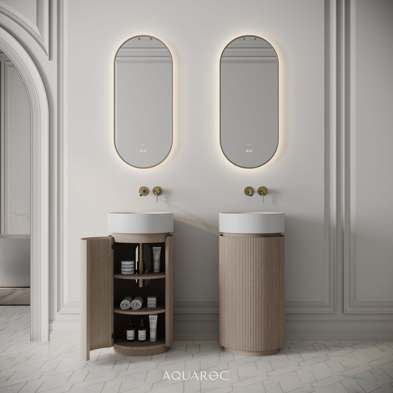 Rotunda Fluted Vanity Unit & Stone Basin 420mm Natural Oak