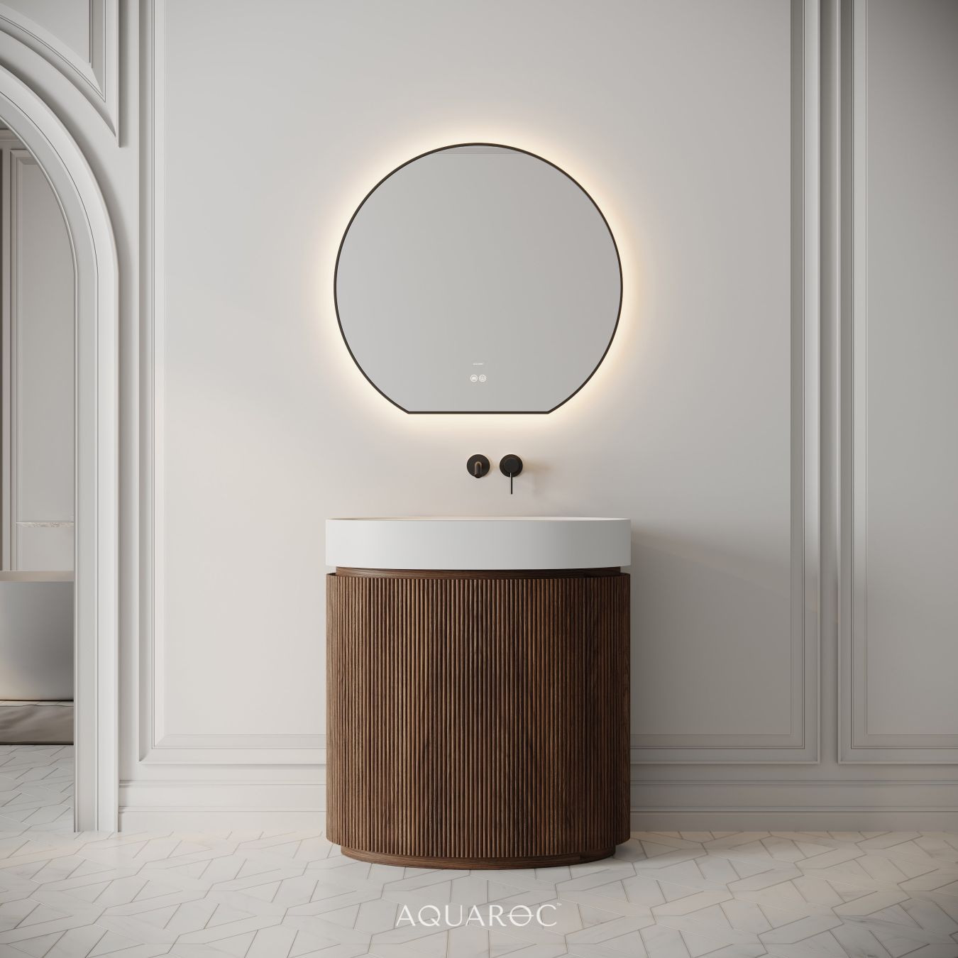 Rotunda Fluted Vanity Unit & Stone Basin 800mm Walnut