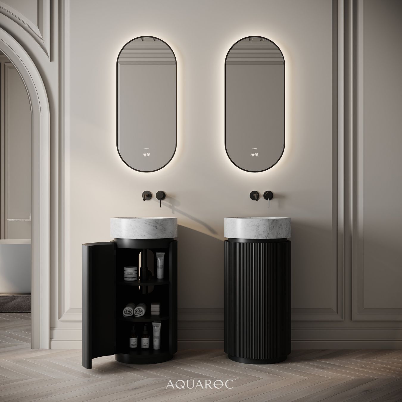 Rotunda Fluted Vanity Unit & Carrara Marble Basin 420mm Matte Black