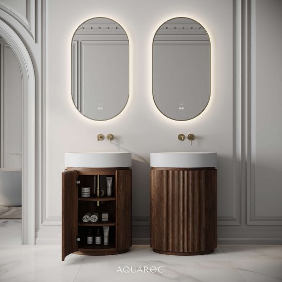 Rotunda Fluted Vanity Unit & Stone Basin 600mm Walnut